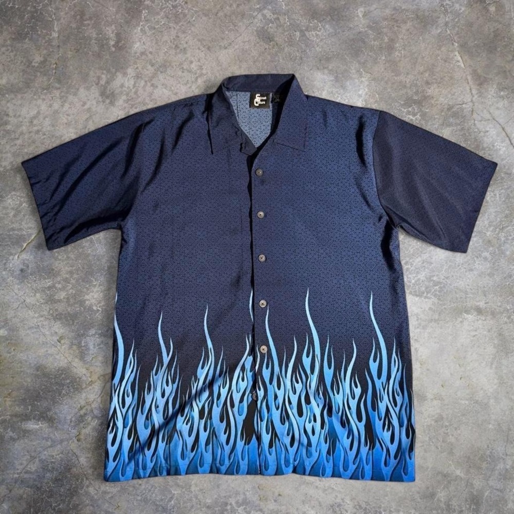 Vintage 80s Street Culture Blue Flame Button Up Shirt Made in Korea Size L